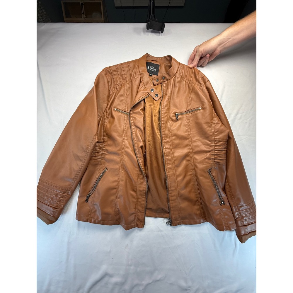 Tagoo Womens Faux Leather Moto Jacket 3XL Brown Cafe Racer Quilted Biker Coat